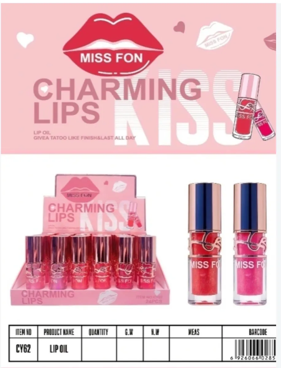 Olejek do ust MISS FON Charming Lips w czerwonym i różowym kolorze, zestaw 24 sztuk w różowym opakowaniu ekspozycyjnym