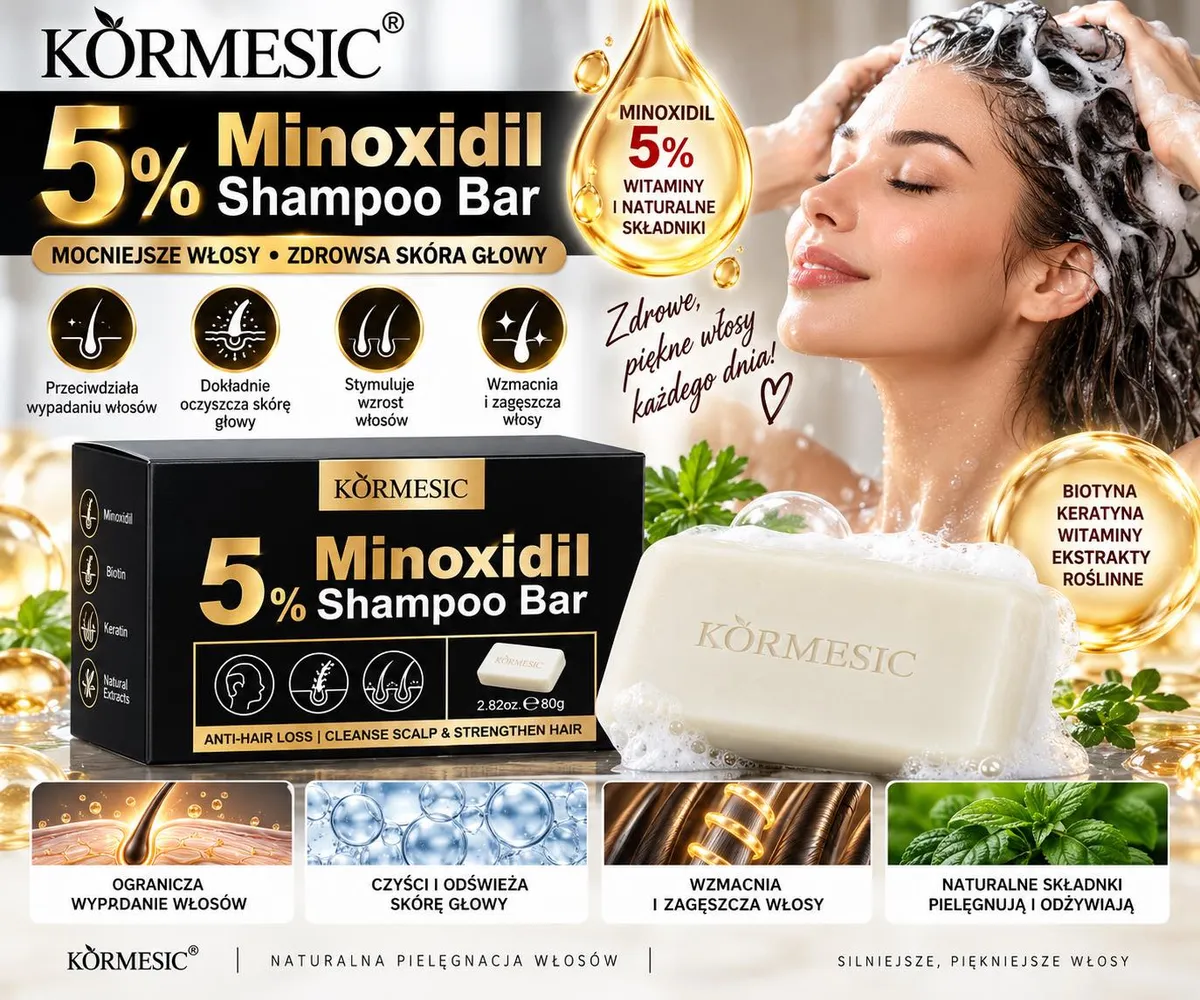Kostka białego szamponu KÒRMESIC Minoxidil 5% Shampoo Bar z czarnym opakowaniem i kobietą myjącą włosy