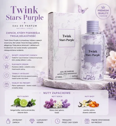 Perfumy Twink Stars Purple 100ml w pastelowym fioletowo-białym flakonie z kwiatowym wzorem i kartonowym opakowaniem