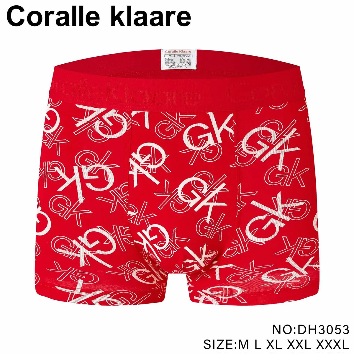 Czerwone bokserki męskie z białym nadrukiem liter i szerokim pasem z logo Coralle klaare