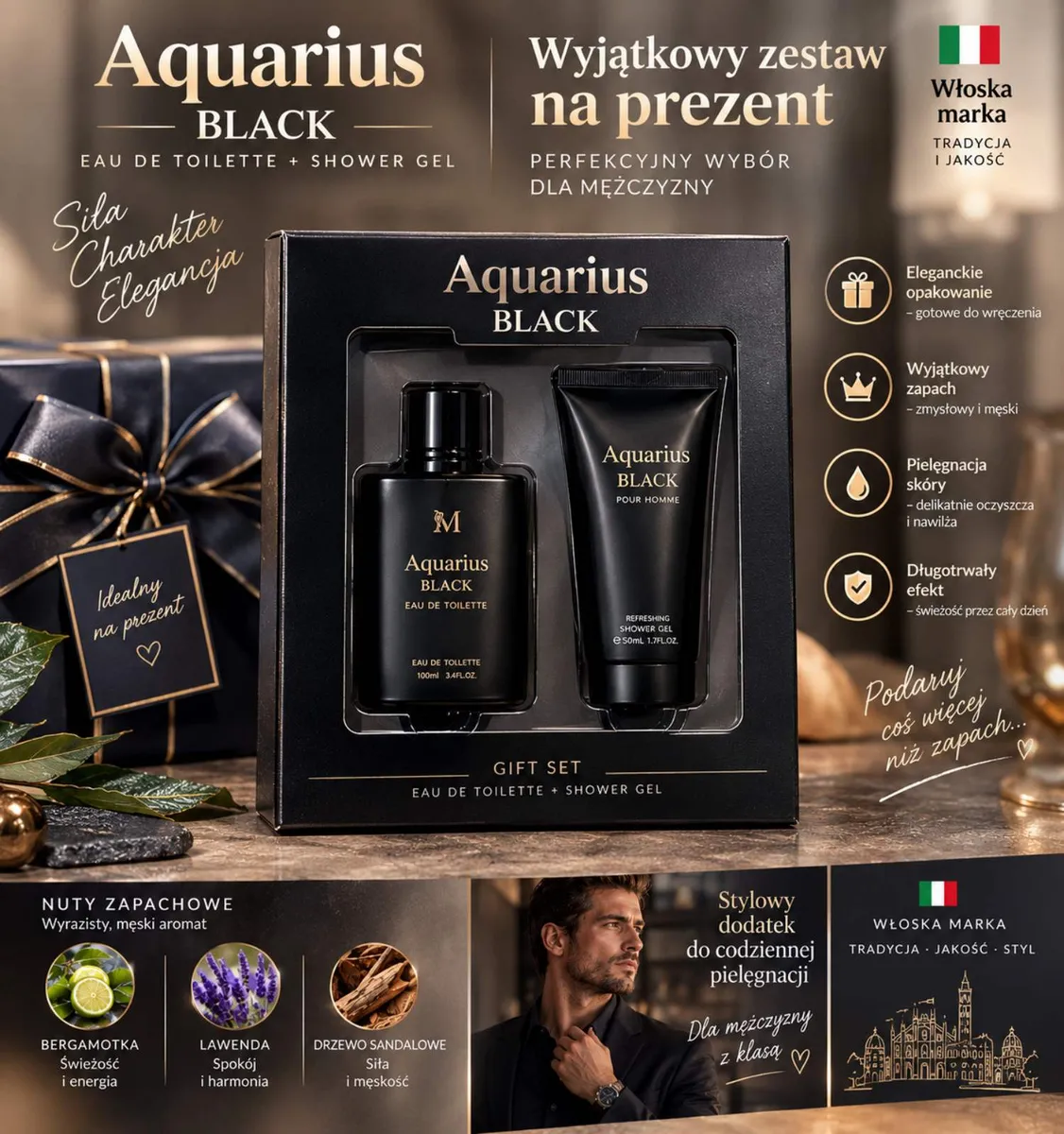 Zestaw Aquarius Black perfumy 100 ml i żel pod prysznic 50 ml w czarnym opakowaniu prezentowym