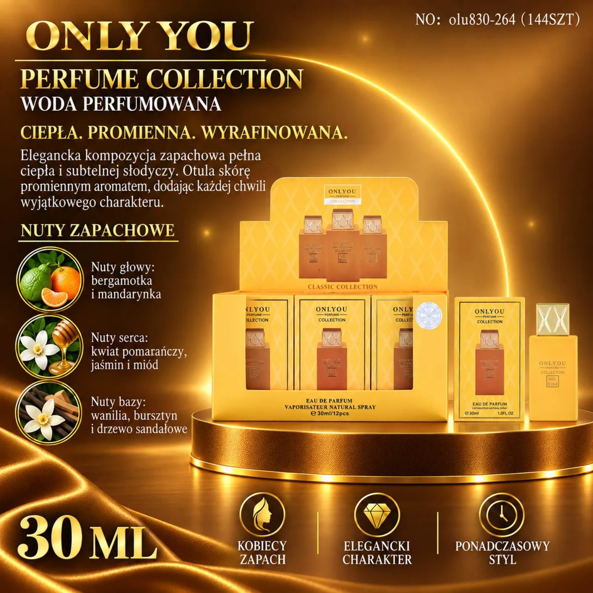 Złoto-żółte opakowanie i flakon wody perfumowanej Only You 30 ml z opisem nut zapachowych