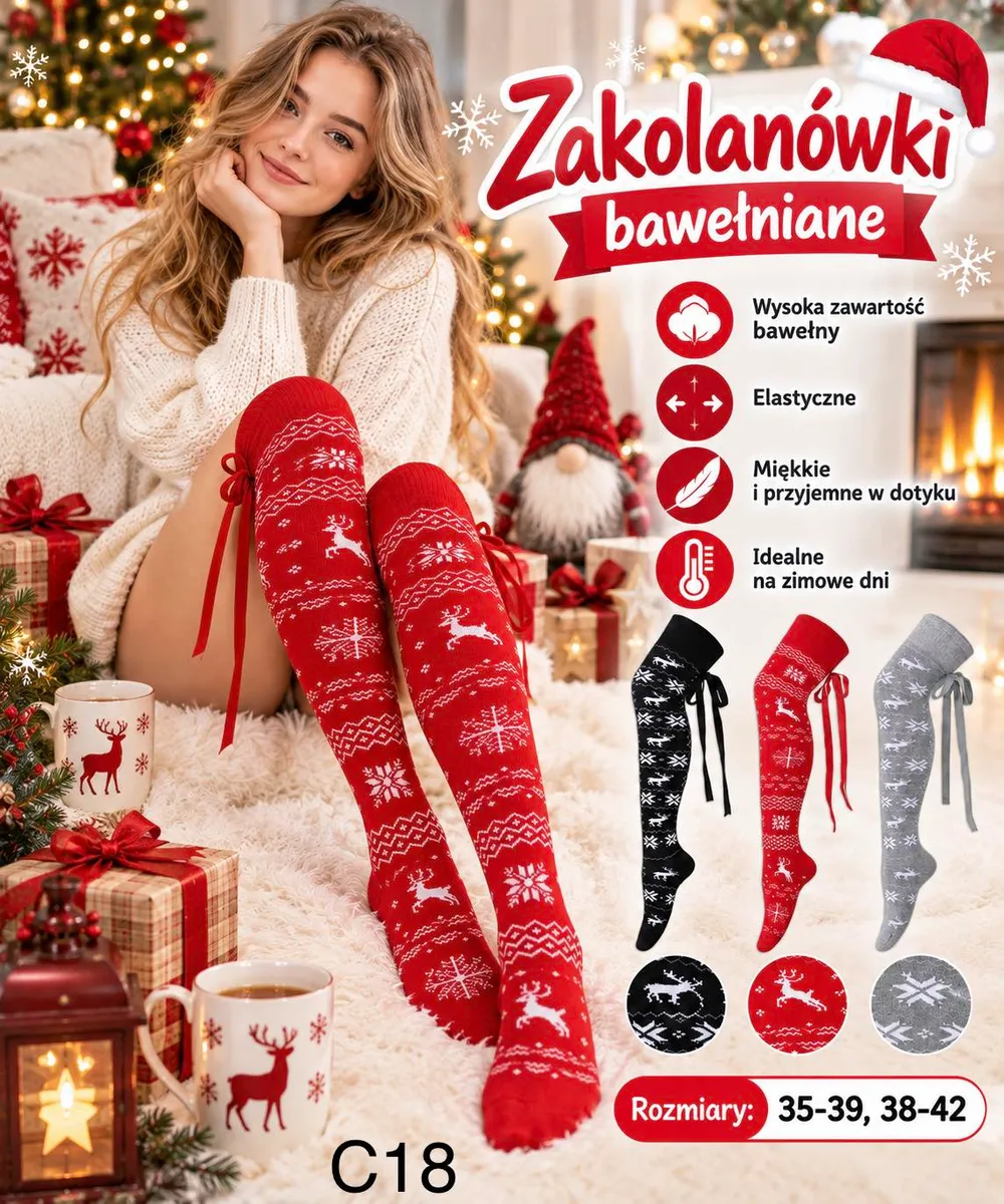 Kobieta w czerwonych bawełnianych zakolanówkach z motywem reniferów i śnieżynek, trzy kolory do wyboru