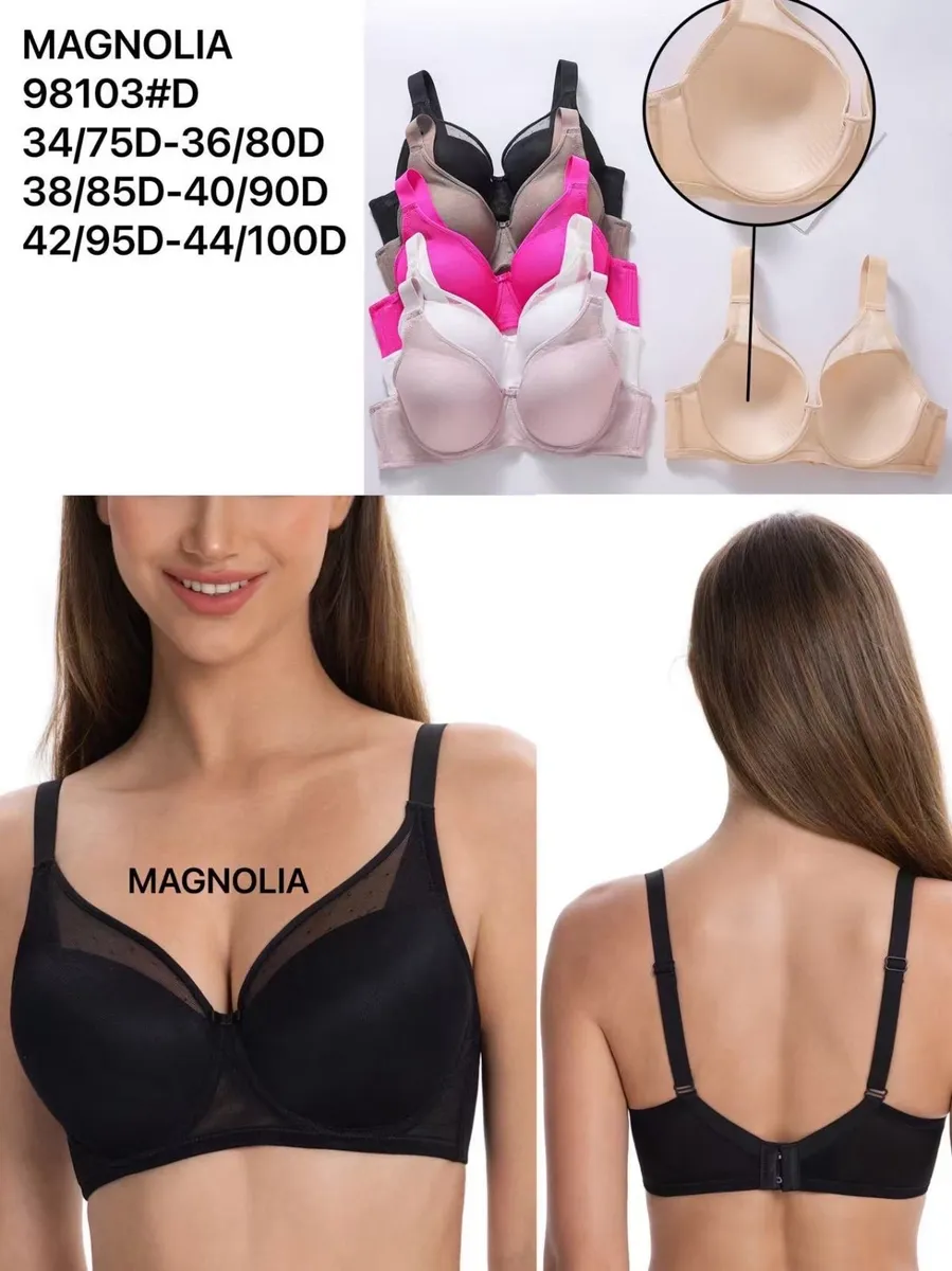 Biustonosze Magnolia w kolorach czarnym, beżowym, różowym, białym i fuksji, przód i tył modelki