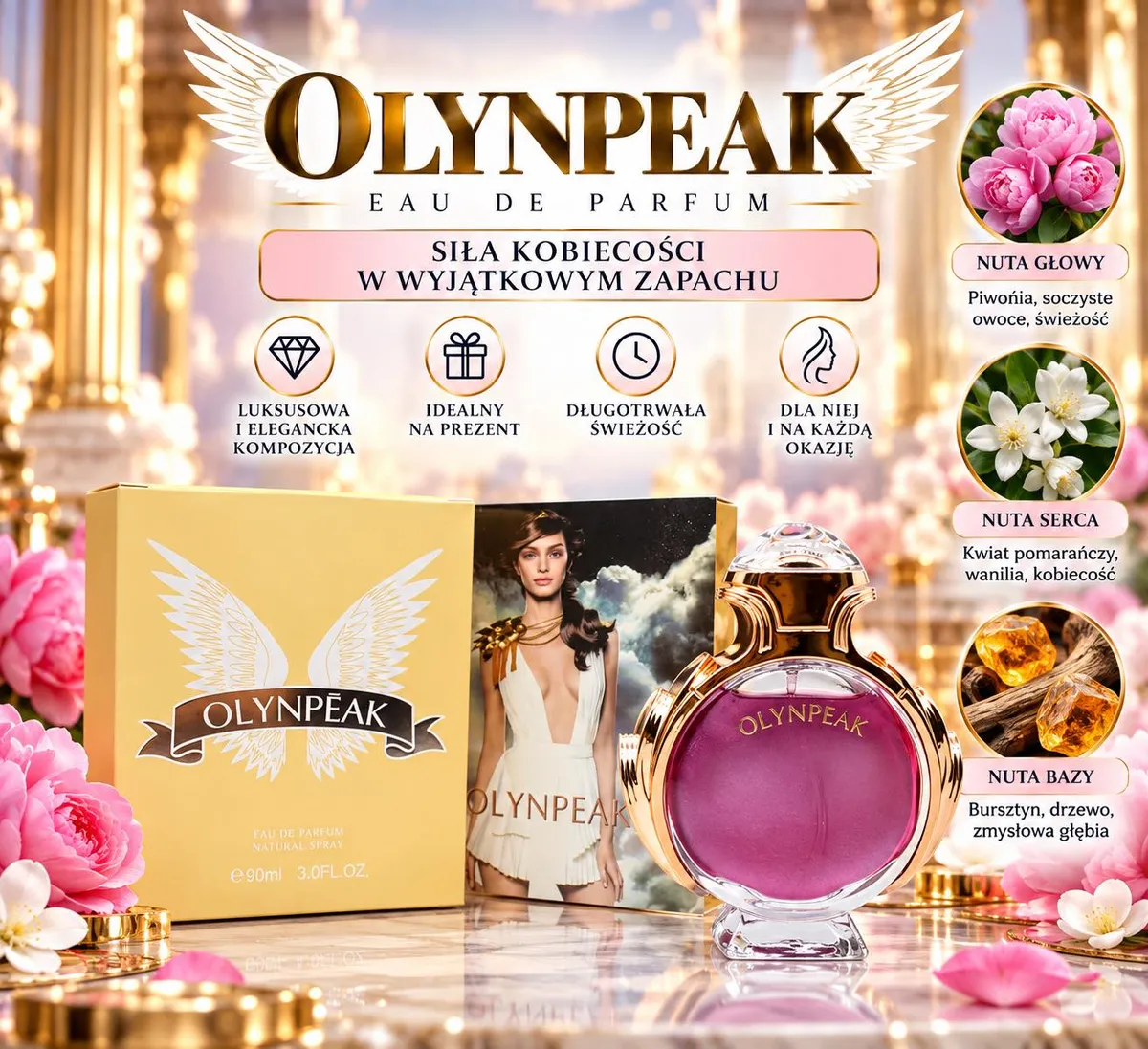 Perfumy Olynpeak 90ml w złoto-żółtym opakowaniu z różowym płynem i złotą nakrętką