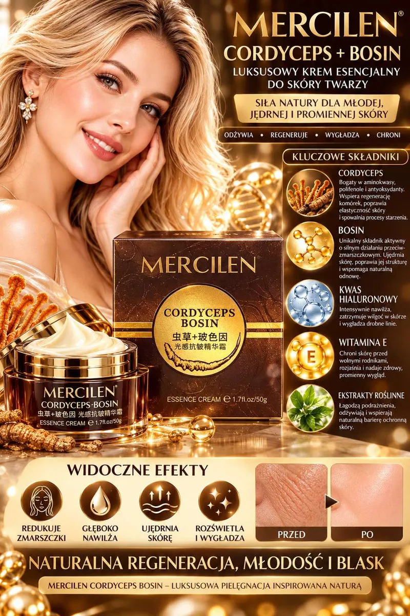 Złocisty słoiczek kremu Mercilen Cordyceps Bosin z eleganckim opakowaniem i opisem składników