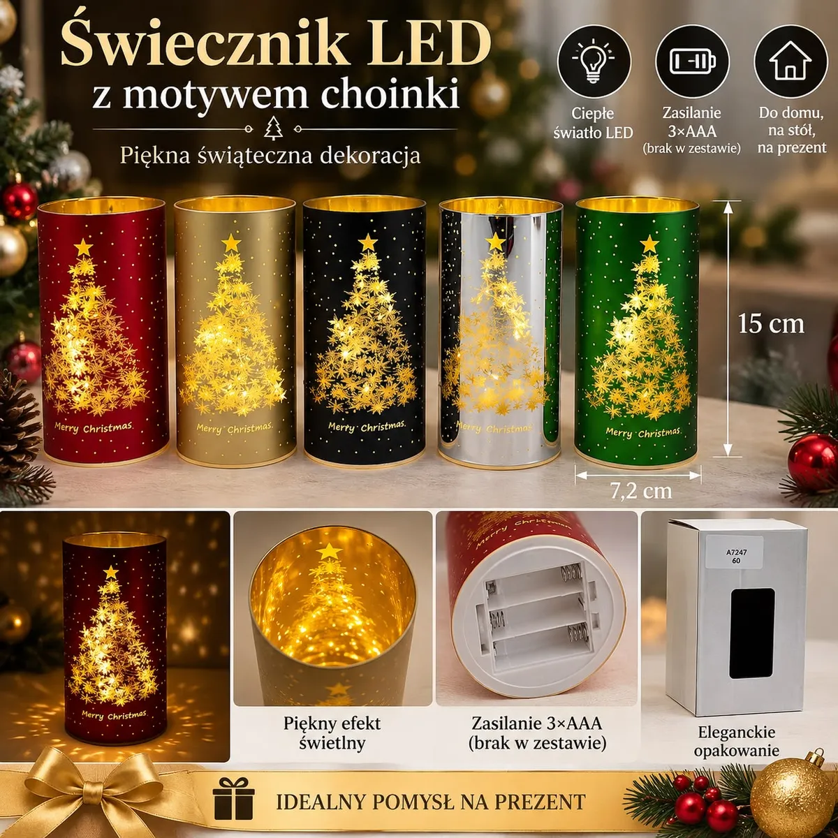 Lampiony LED z motywem choinki w 5 kolorach: bordowy, złoty, czarny, srebrny, zielony, wysokość 15 cm