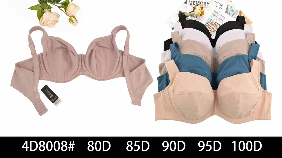 Beżowy biustonosz push-up z prążkowanej dzianiny obok wielokolorowego zestawu w rozmiarach 80D do 100D, z widoczną etykietą 4