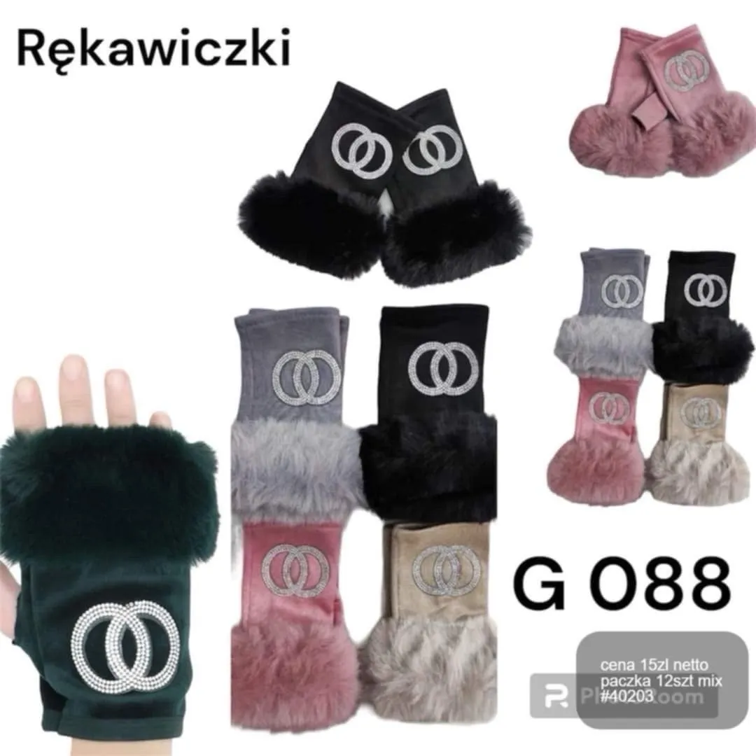 Rękawiczki bez palców z futerkiem i ozdobą w czarnym, różowym, szarym i beżowym kolorze