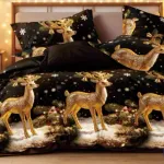 Komplet pościeli Milano 5D 160x200 czarny z reniferem 100% satyna bawełniana