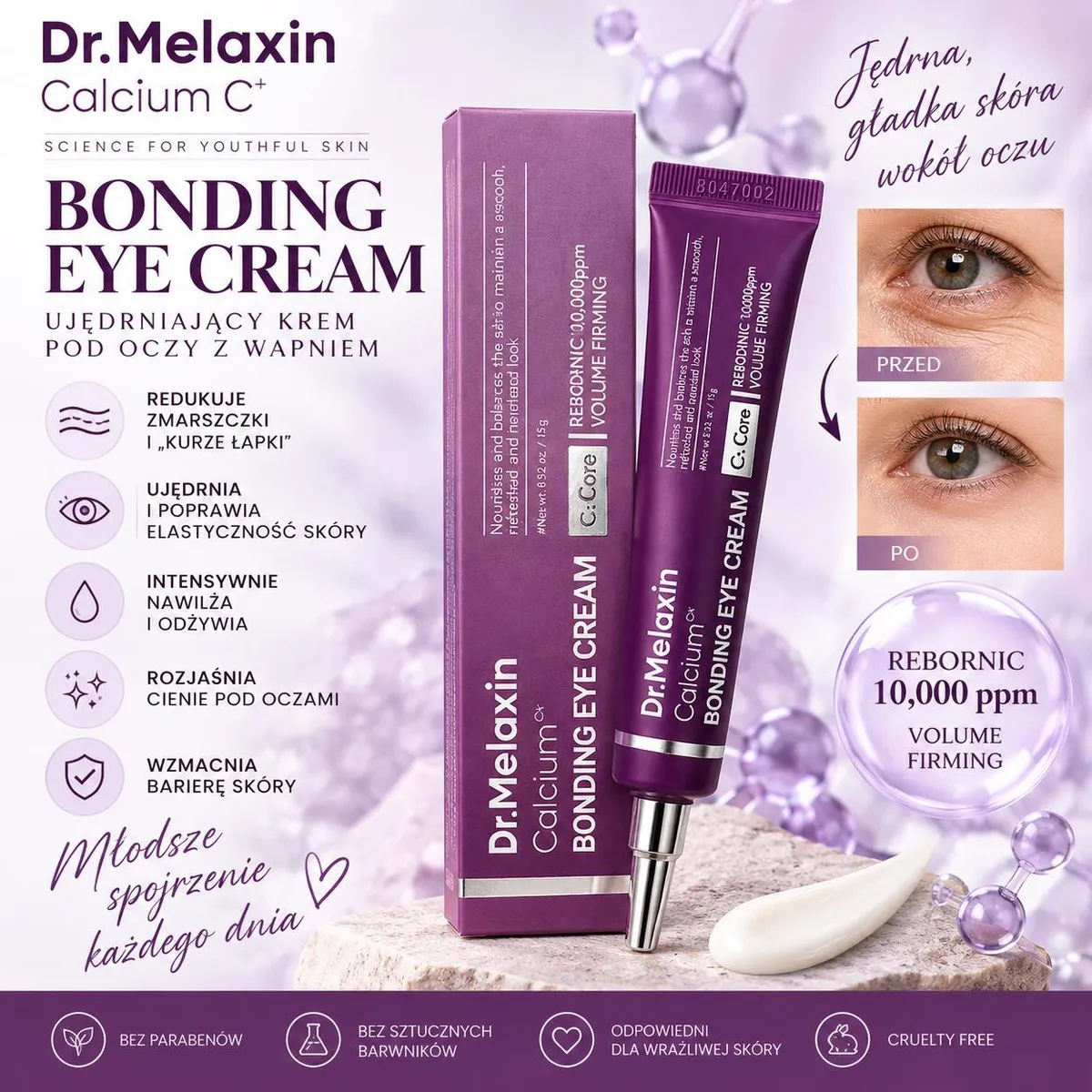 Fioletowa tubka kremu Dr.Melaxin Calcium C+ Bonding Eye Cream z opakowaniem i aplikatorem, zdjęcia przed i po użyciu