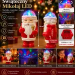 Świąteczny Mikołaj LED z obrotową lampką i muzyką 16 cm