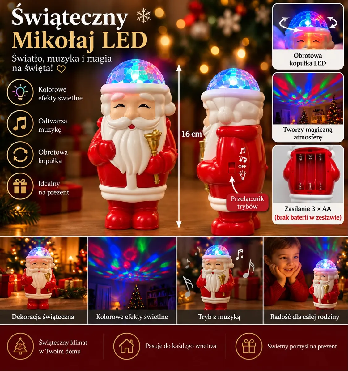 Figurka Mikołaja LED 16 cm z obrotową kolorową kopułką i przełącznikiem trybów