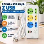 Listwa zasilająca 6 gniazd z USB-A i USB-C biała z kolorowymi wstawkami