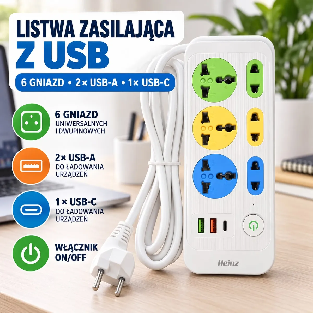 biała listwa zasilająca z 6 kolorowymi gniazdami i portami USB na drewnianym biurku