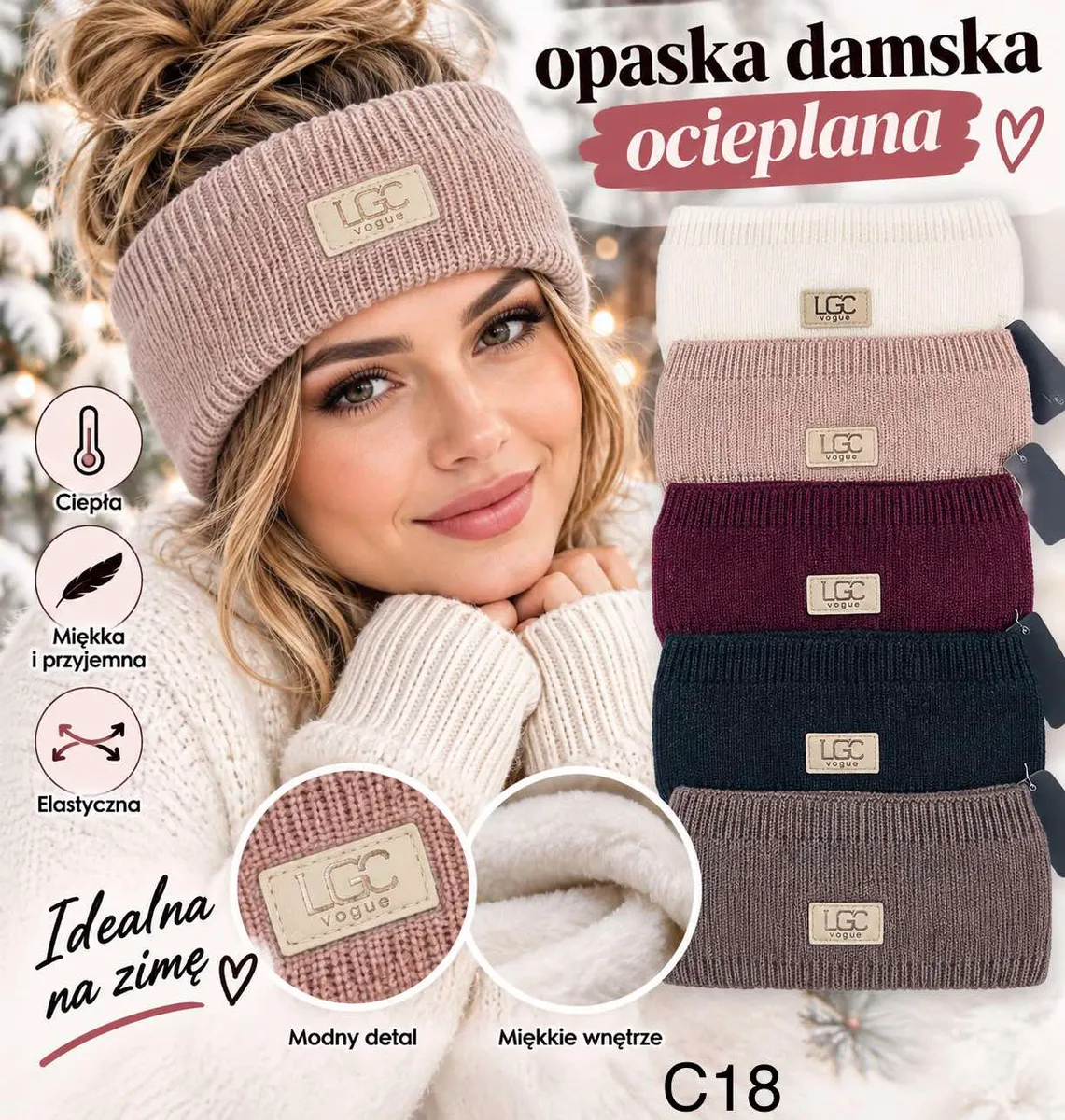 Damska ocieplana opaska LGC Vogue w pięciu kolorach z miękkim wnętrzem i naszywką