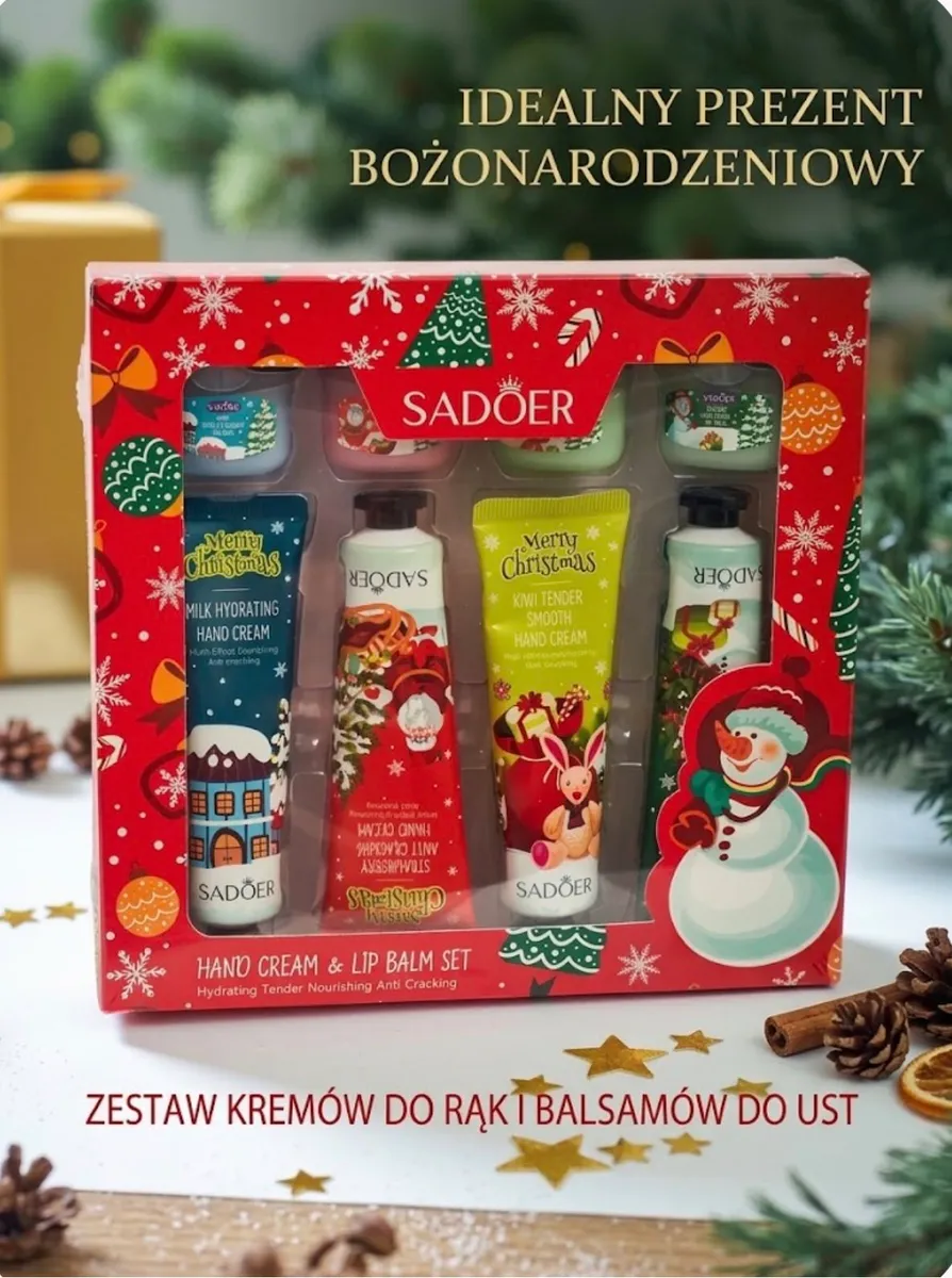 Zestaw świąteczny SADOER kremów do rąk i balsamów do ust w czerwonym pudełku z motywami bożonarodzeniowymi