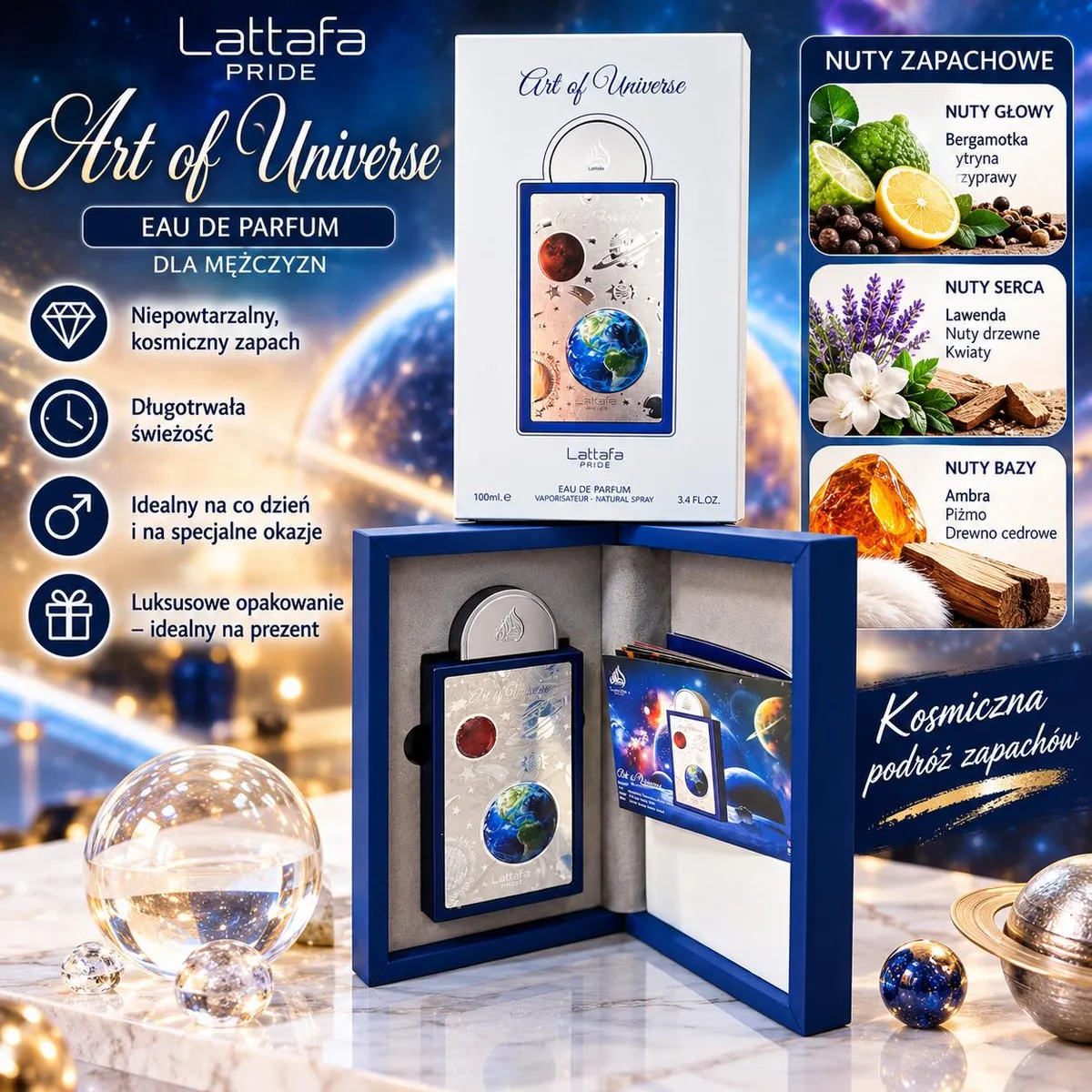 Perfumy arabskie Art of Universe 100ml w granatowo-srebrnym opakowaniu z motywem kosmosu i planet