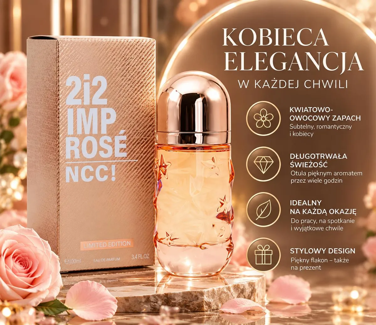 Perfumy 100ml w złocistym flakonie z różowo-złotą nakrętką i kartonowym opakowaniem