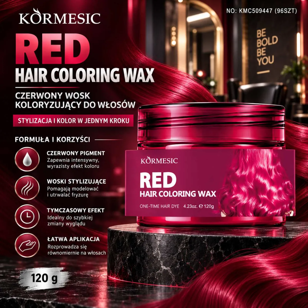 Czerwony wosk koloryzujący do włosów Kormesic Red 120g na marmurowej podstawce