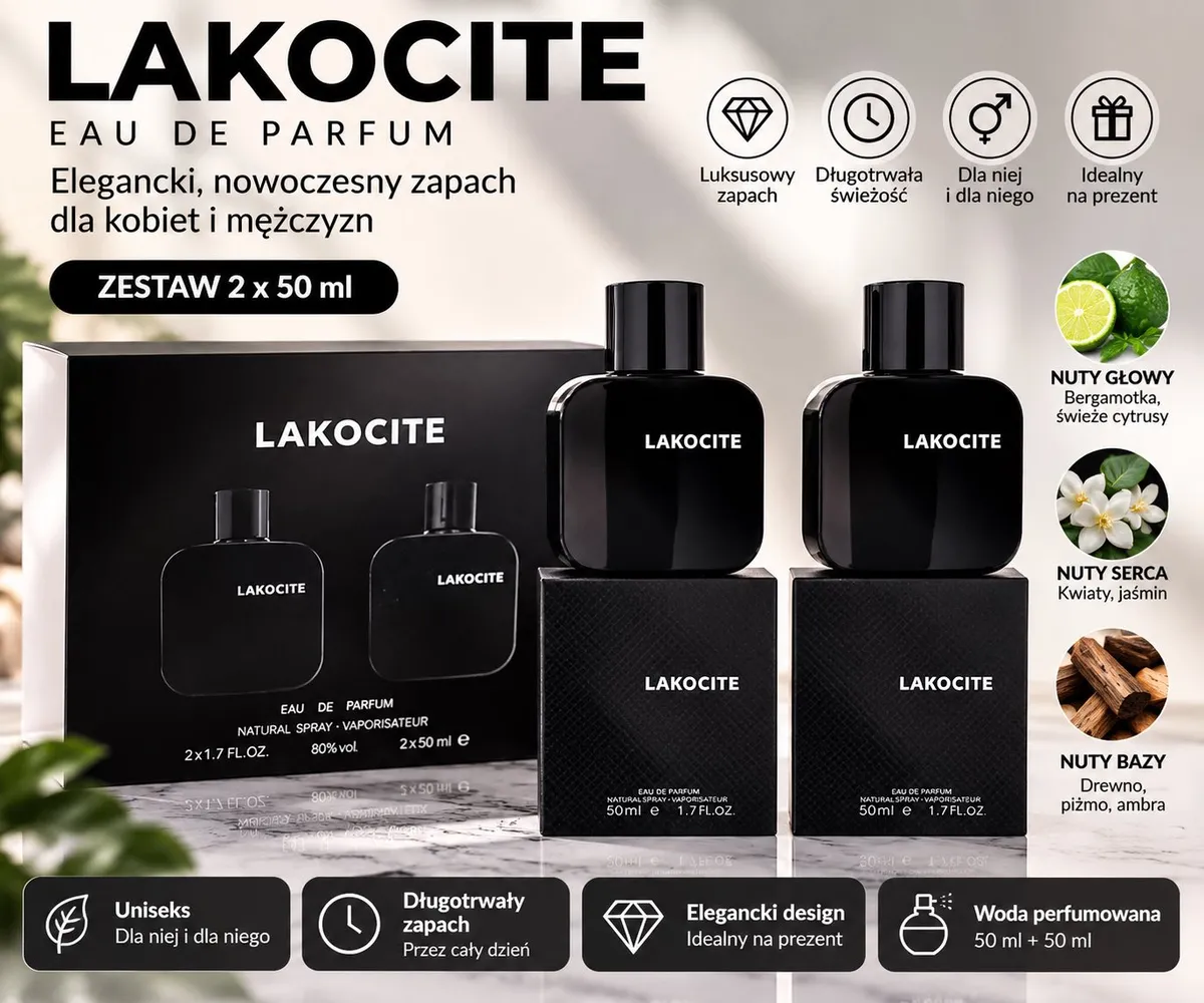 Zestaw dwóch czarnych flakonów perfum Lakocite 2x50 ml z eleganckim czarnym pudełkiem