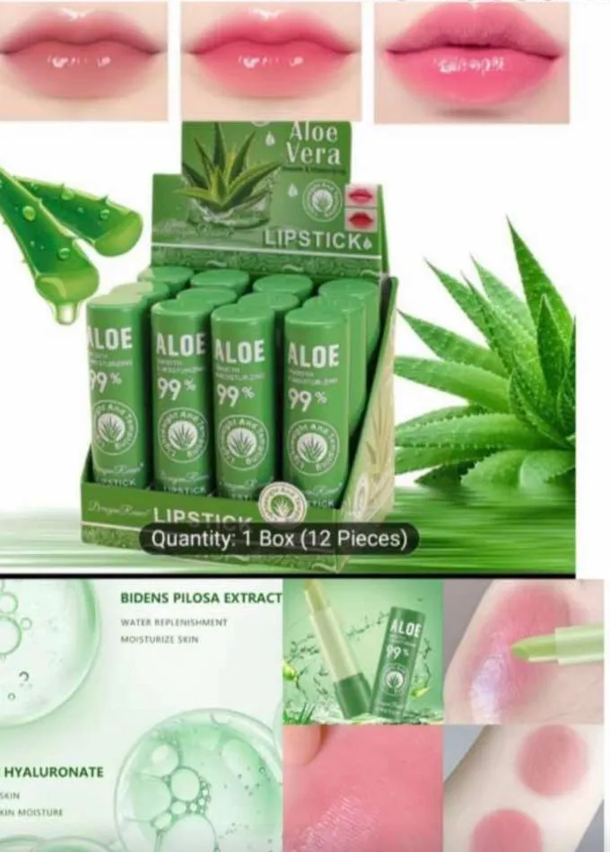 Zielone balsamy do ust Aloe Vera 99% w opakowaniu zbiorczym, efekt nawilżenia na ustach i skórze