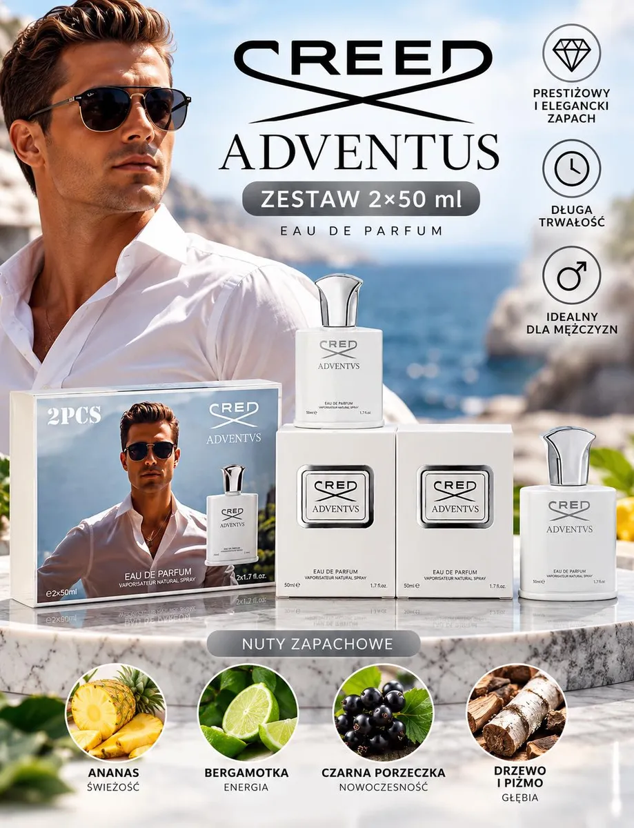 Zestaw dwóch perfum Creed Adventus 2x50 ml w białych flakonach z srebrnymi nakrętkami i opakowaniem