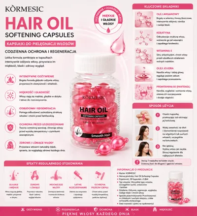 Biały plastikowy słoik z różowymi kapsułkami do pielęgnacji włosów KORMESIC Hair Oil