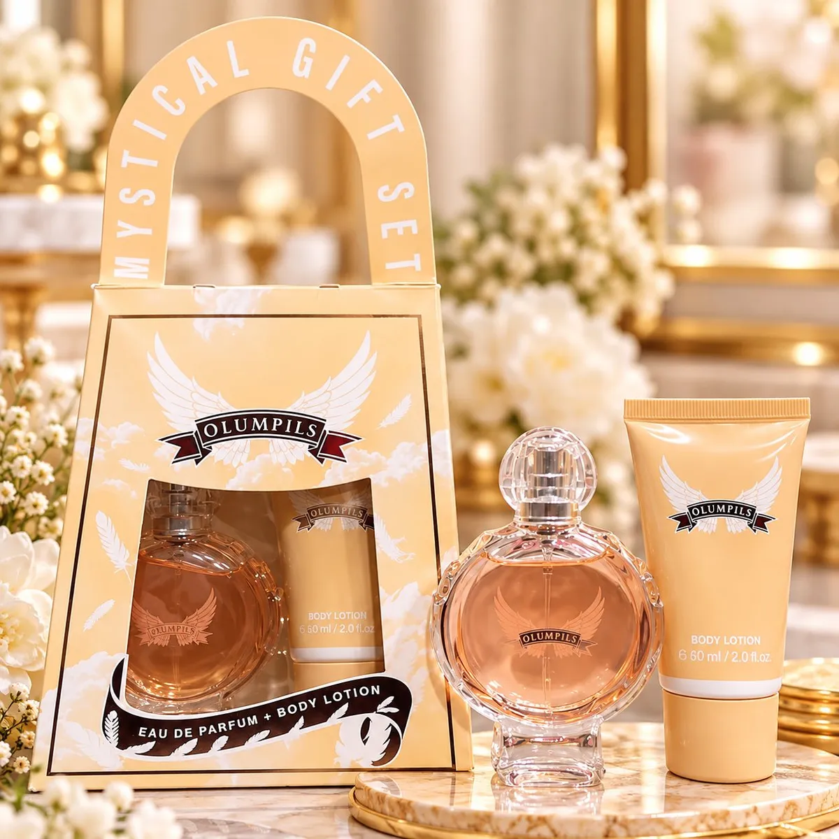 Złocisty zestaw prezentowy Olumpils z perfumami 30ml i balsamem do ciała 60ml na marmurowej powierzchni