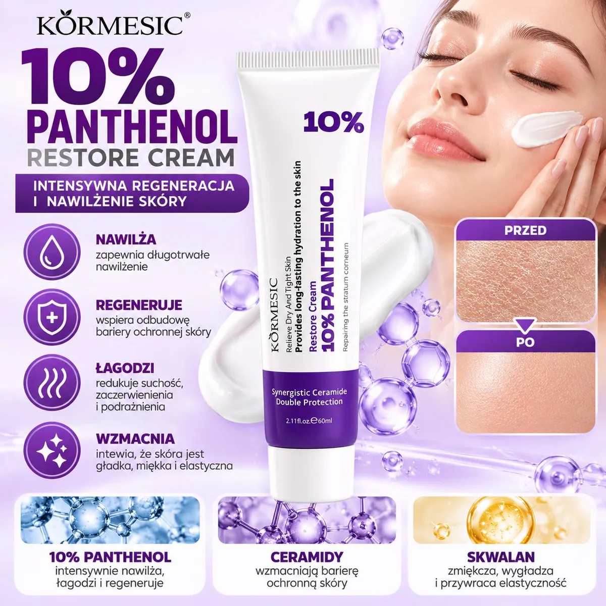 Tubka kremu KÖRMESIC 10% Panthenol Restore Cream 60 ml z fioletowym nadrukiem i opisem działania