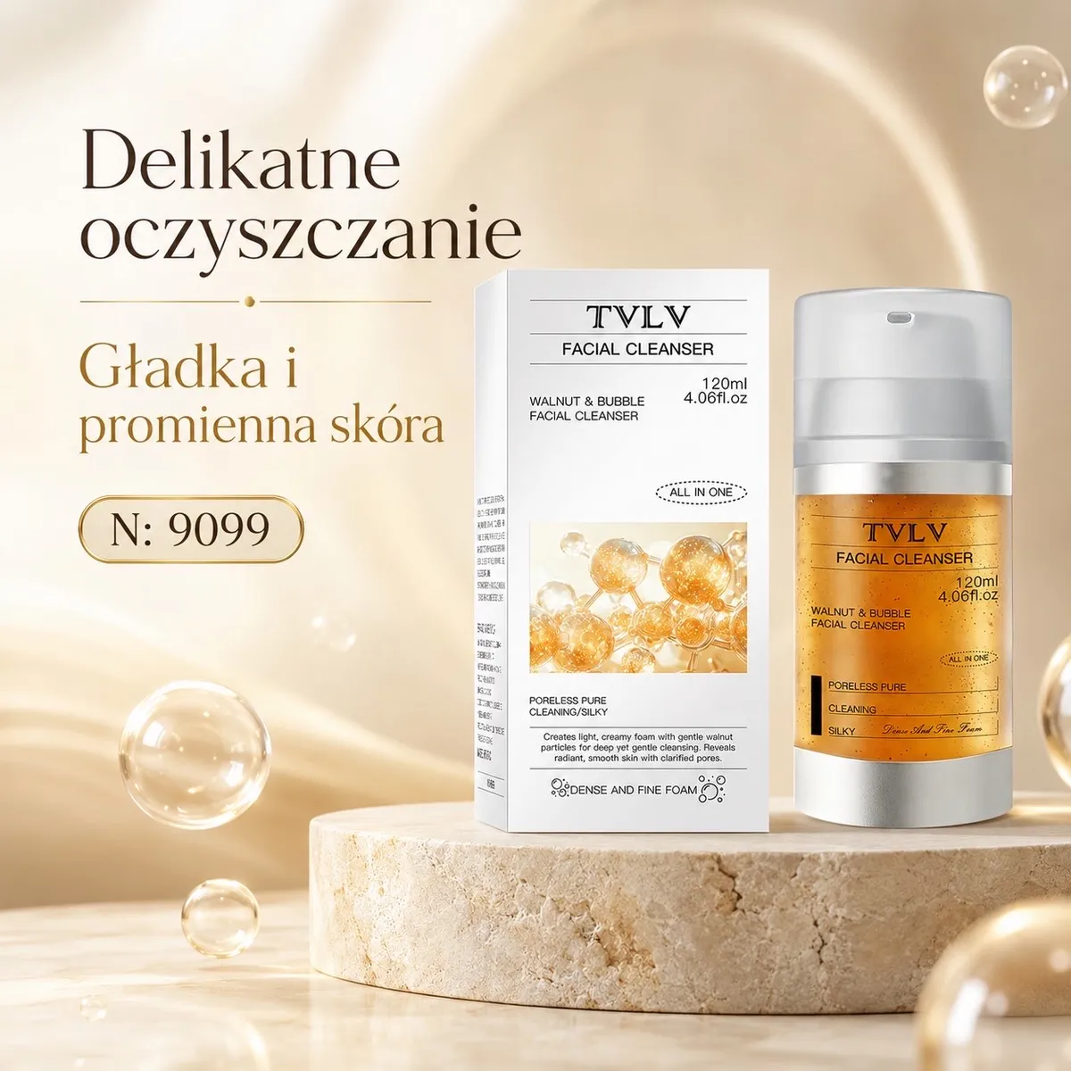 Złocisty żel do mycia twarzy TVLV Facial Cleanser 120ml z dozownikiem i opakowaniem na kamiennym podłożu