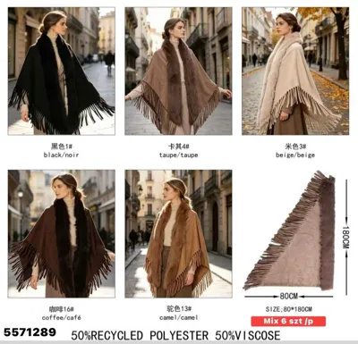 Poncza damskie z frędzlami w kolorach czarnym, taupe, beżowym, brązowym i camel, rozmiar 80x180 cm