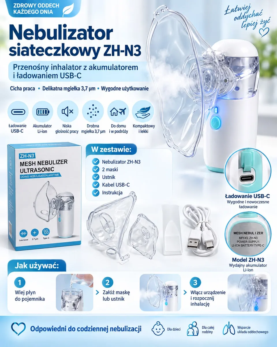 Nebulizator siateczkowy ZH-N3 biały z przezroczystą maską, kablem USB-C i dwoma maskami w zestawie