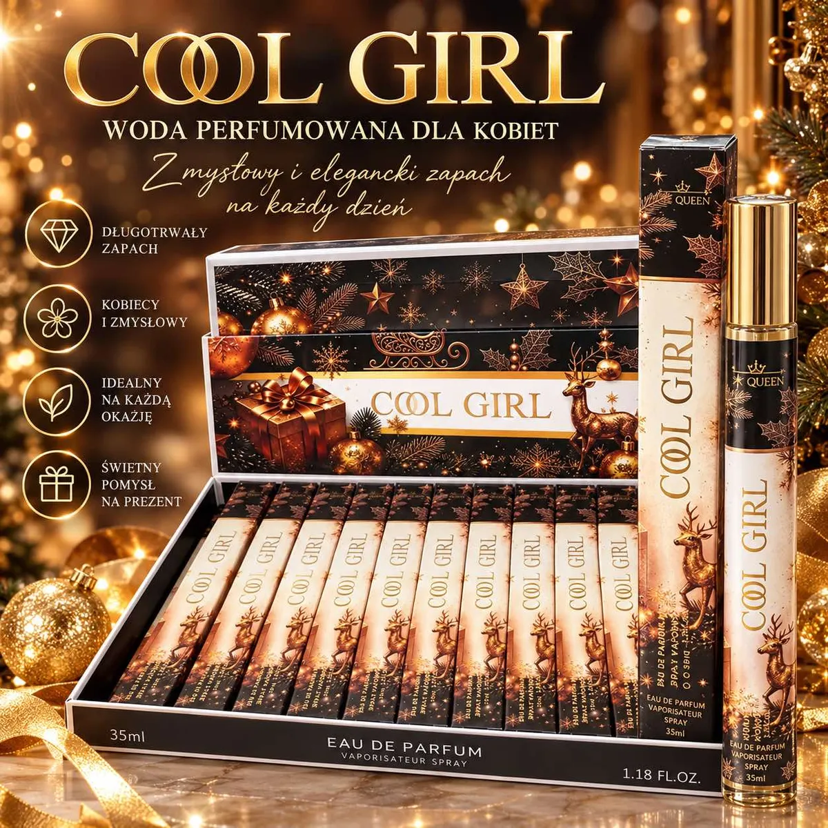 Zestaw wód perfumowanych Cool Girl 35ml w złoto-czarnym opakowaniu z motywem renifera i gwiazd