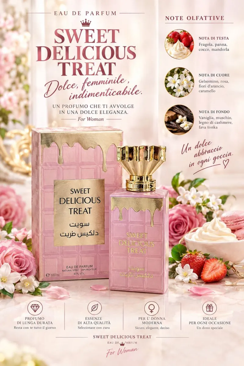 Perfumy damskie Sweet Delicious Treat w różowo-złotym flakonie i opakowaniu z nutami zapachowymi