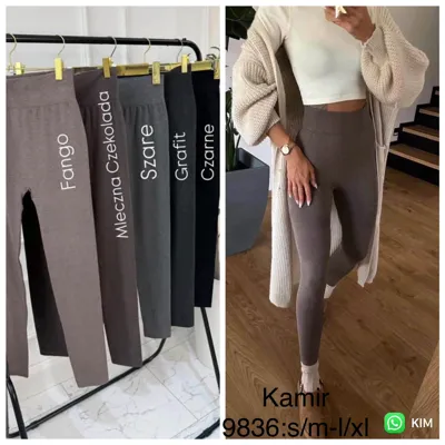 Legginsy damskie Kamir w kolorze fango na modelce oraz inne kolory na wieszakach