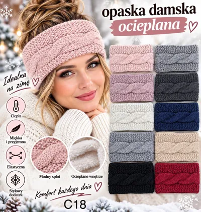 Kobieta w różowej ocieplanej opasce damskiej z modnym splotem, obok 12 kolorów opasek w różnych odcieniach