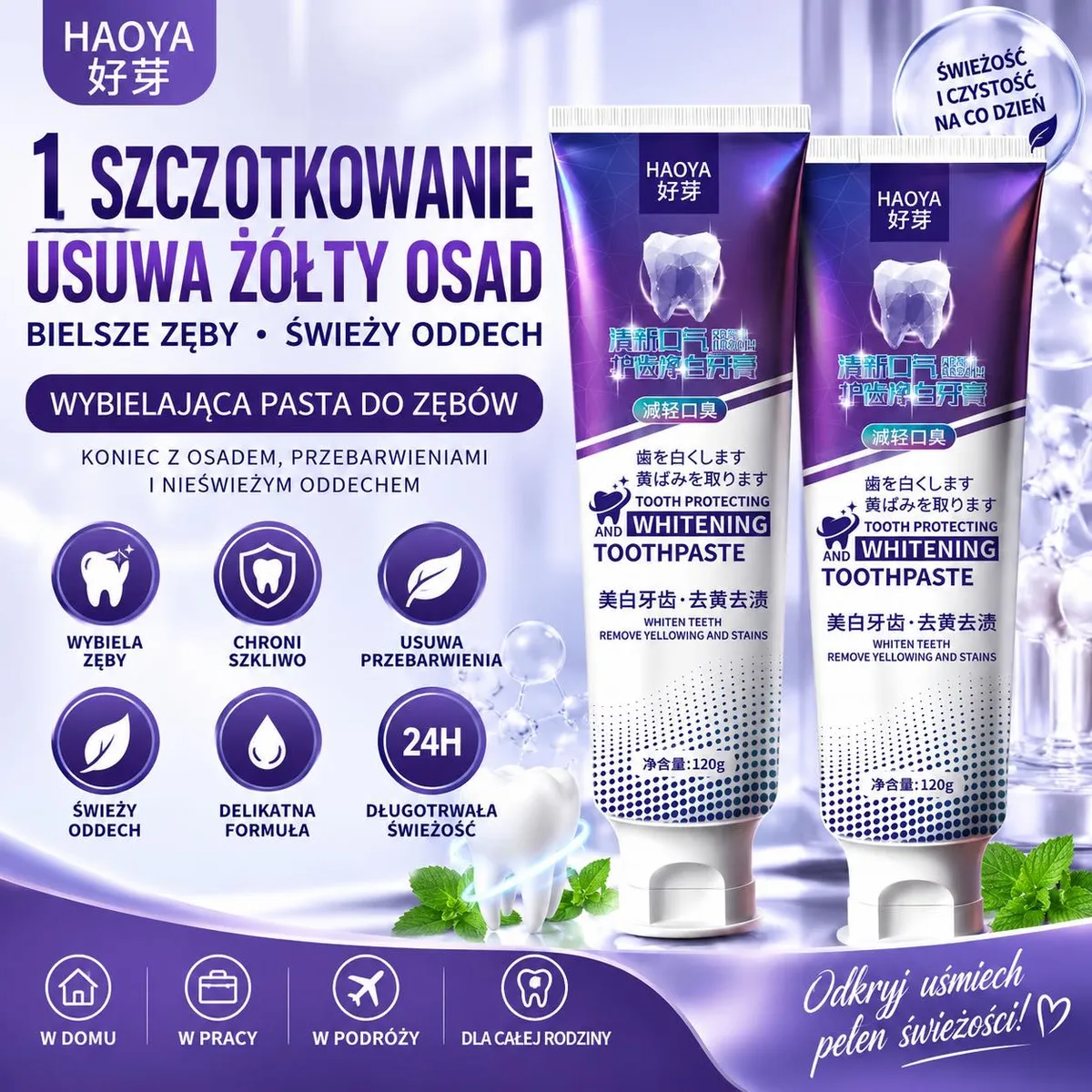 Dwie tubki granatowo-białej pasty do zębów HAOYA 120 g na jasnym tle z opisem właściwości
