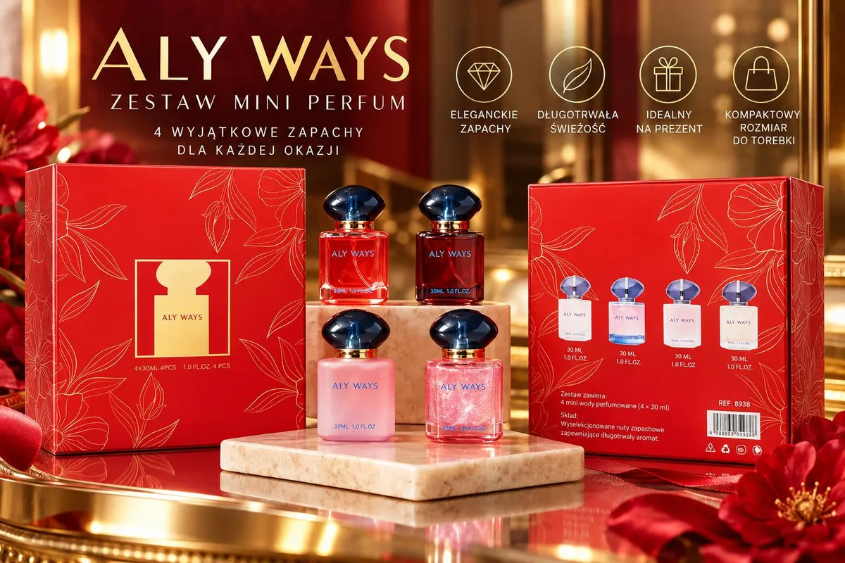 Zestaw 4 mini perfum Aly Ways w kolorowych buteleczkach 30 ml na marmurowej podstawce i czerwonym tle