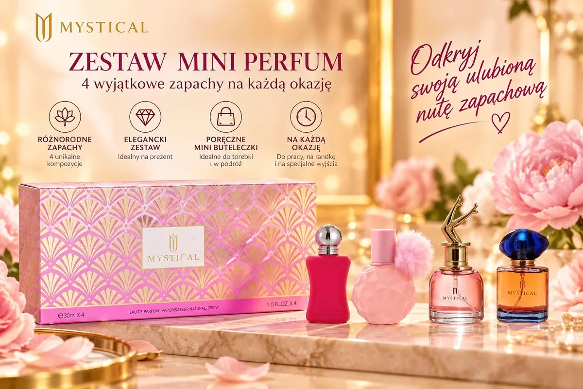 Zestaw czterech mini perfum Mystical w różowych i bursztynowych buteleczkach z eleganckim opakowaniem