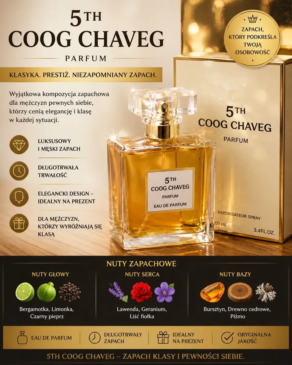 Flakon perfum 5TH COOG CHAVEG 100ml z bursztynowym zapachem i eleganckie złote opakowanie
