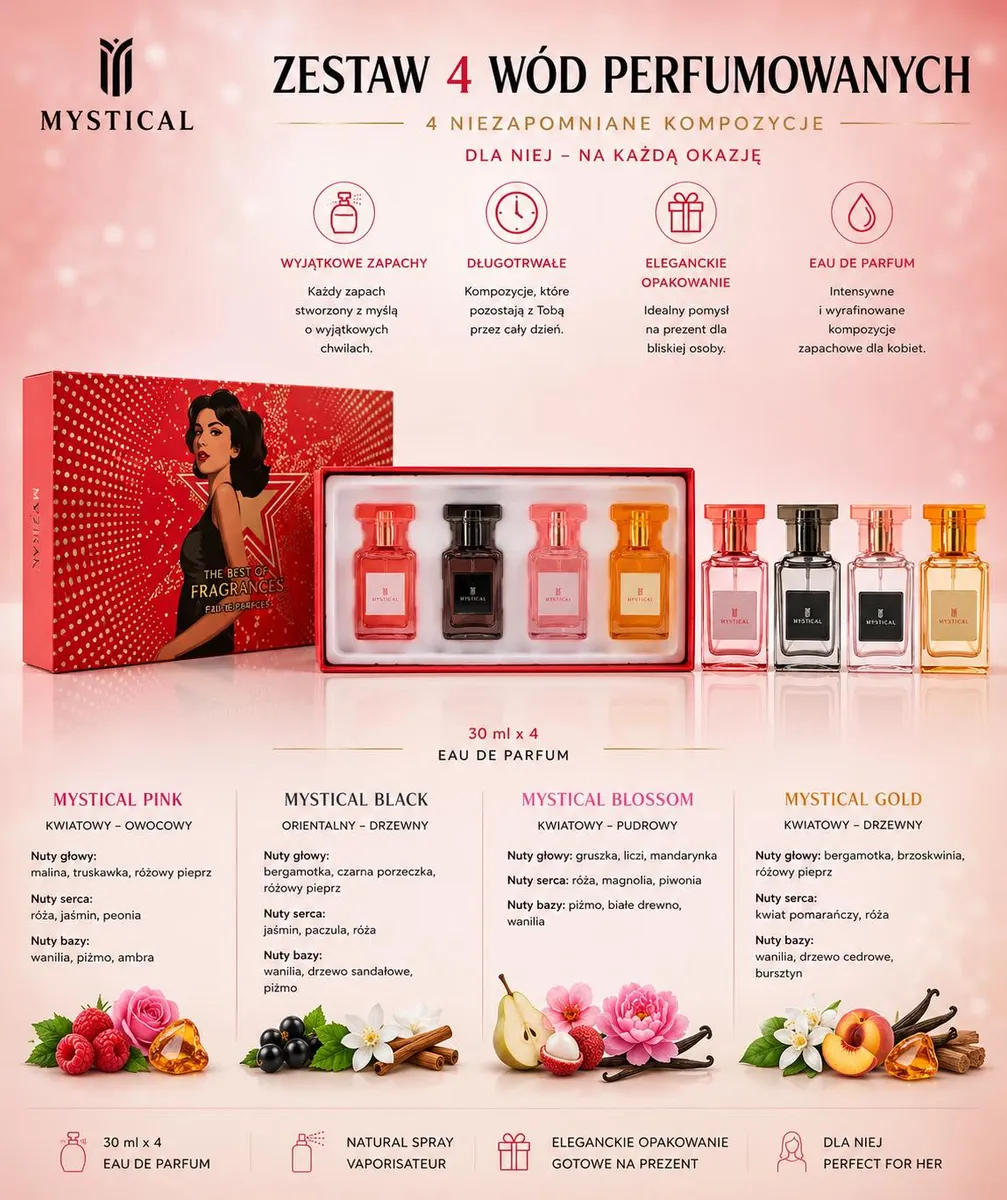Zestaw 4 perfum Mystical w czerwonym pudełku z buteleczkami o pojemności 30 ml każda