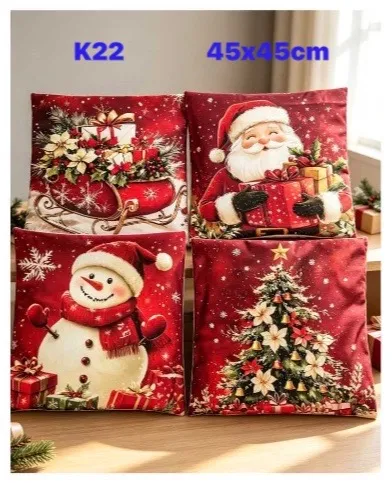 Cztery poszewki 45x45 cm z czerwonym tłem i świątecznymi motywami: Mikołaj, bałwanek, choinka, sanie z prezentami