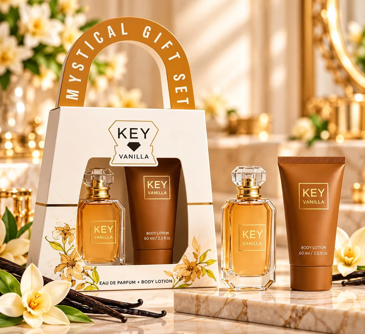 Zestaw prezentowy Key Vanilla z perfumami i balsamem w białym opakowaniu z kwiatowym motywem