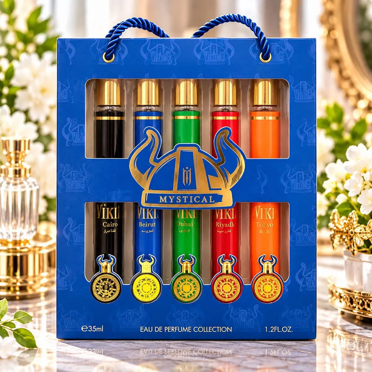 Zestaw 5 perfum VIKI Mystical w kolorowych flakonach w granatowym opakowaniu z uchwytem