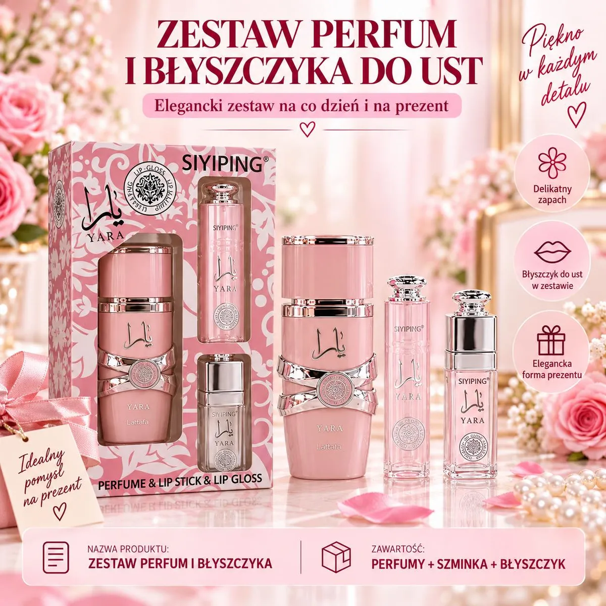 Zestaw perfum YARA 30ml z różowym błyszczykiem i szminką w eleganckim różowym opakowaniu