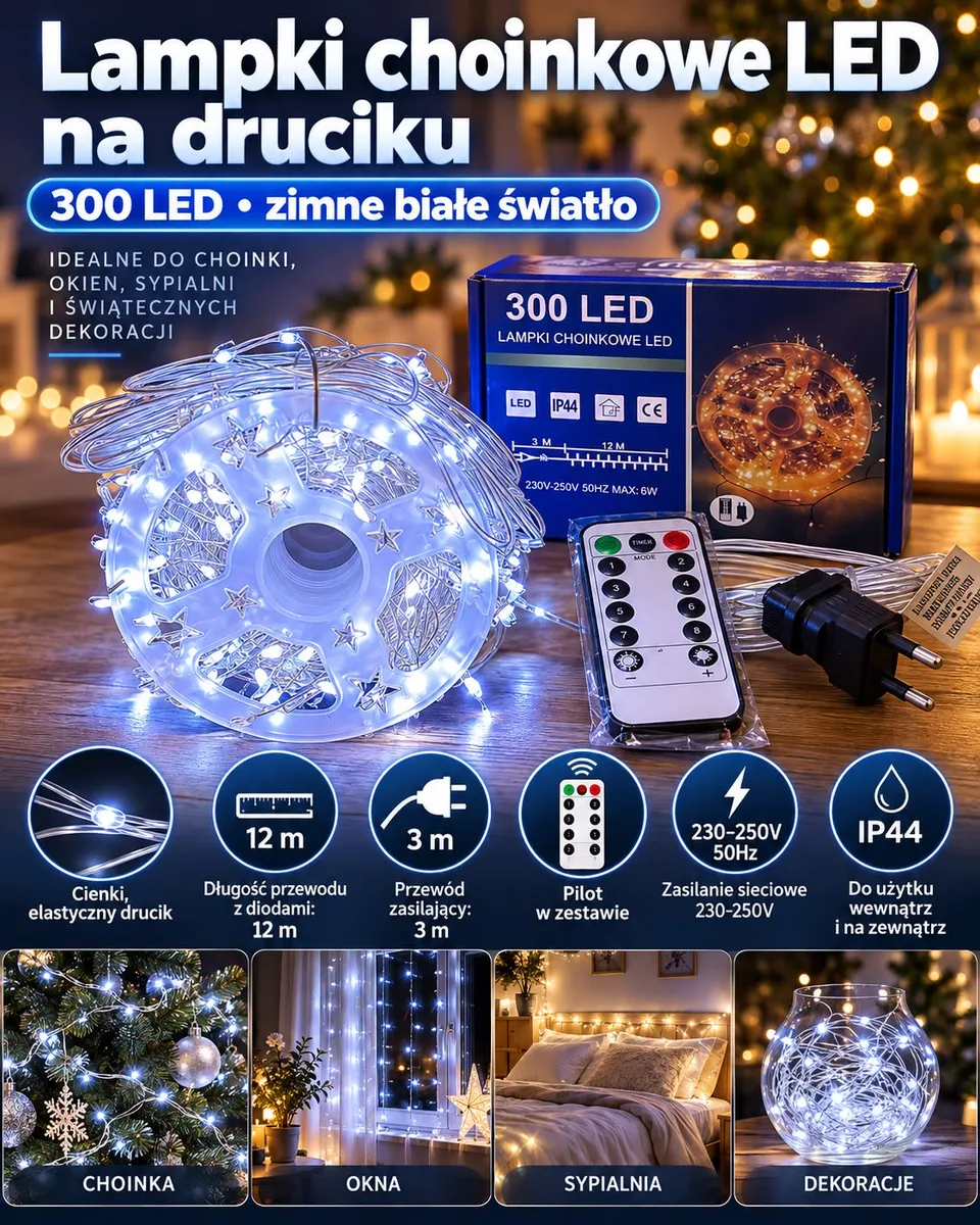 Lampki choinkowe LED na cienkim druciku z pilotem i opakowaniem, zimne białe światło, 300 diod, 12 m długości