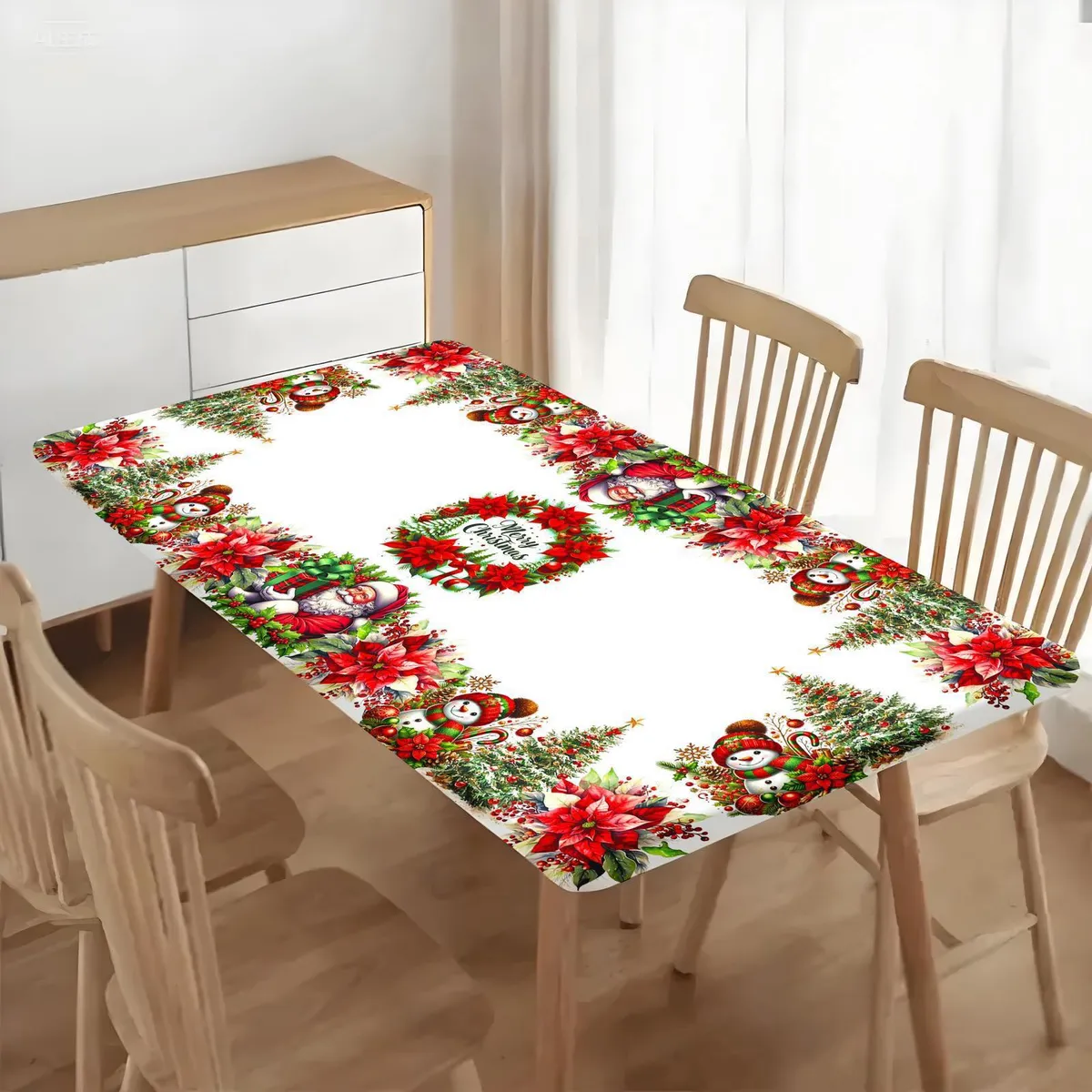 Obrus świąteczny 60x120 cm z motywem Mikołaja, bałwanka, choinki i czerwonych poinsecji na białym tle