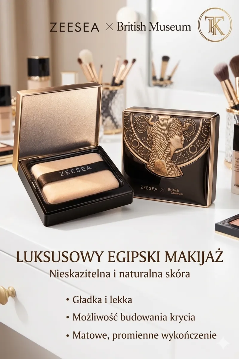 Puder prasowany ZEESEA w czarnym opakowaniu z złotym reliefem egipskiej postaci i puszkiem do aplikacji
