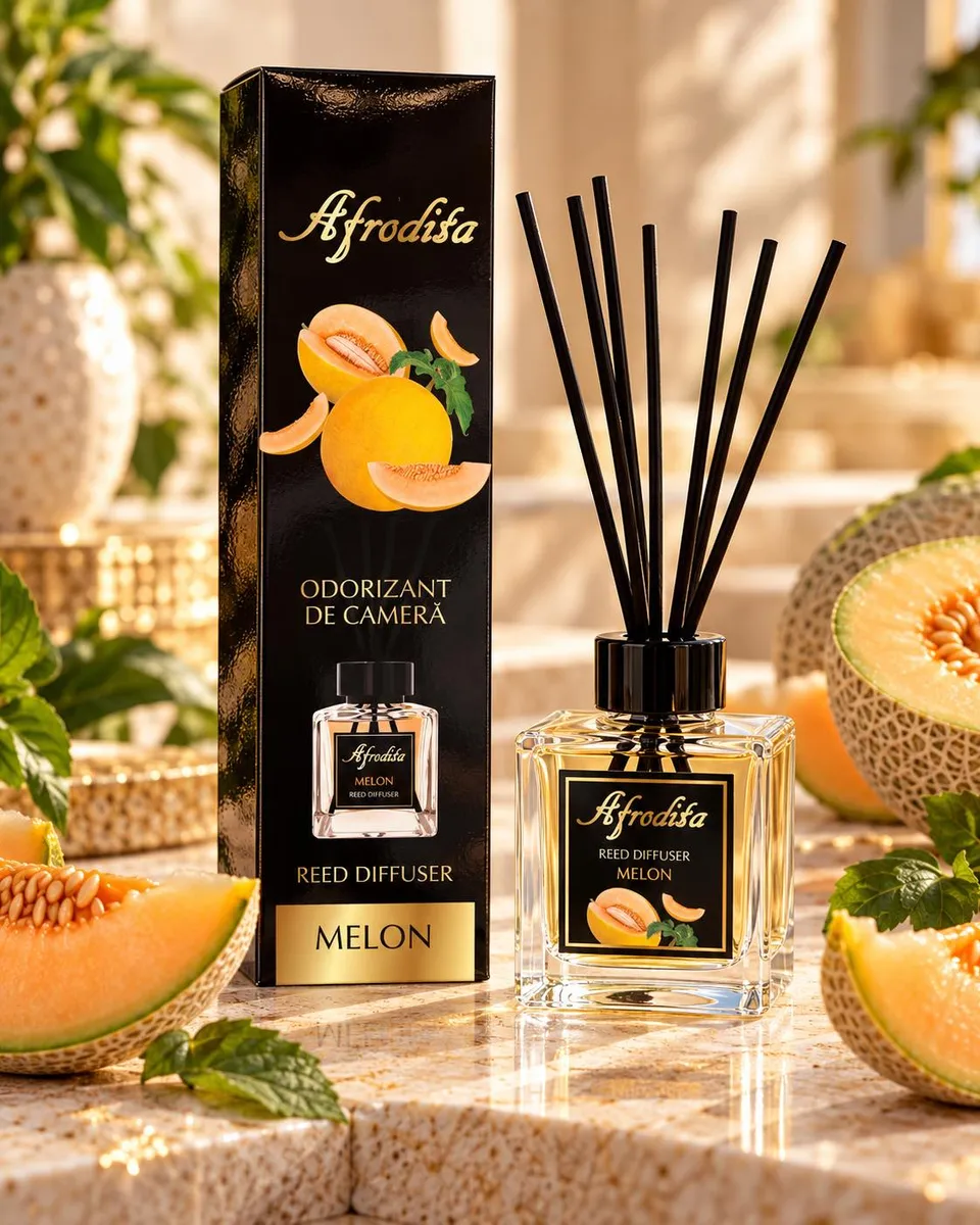 Odświeżacz powietrza Afrodita melon reed diffuser w szklanym flakonie z czarnymi patyczkami i czarnym opakowaniem